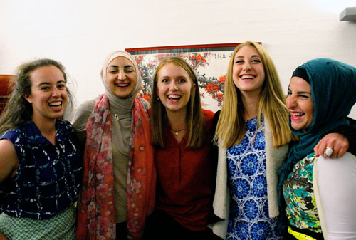 (Left to right): Sarah Greenbaum (Jewish), Laila Ibrahim (Muslim), Ashleigh Green (Christian), Avia Madar (Jewish), Enass Rachwani (Muslim). 