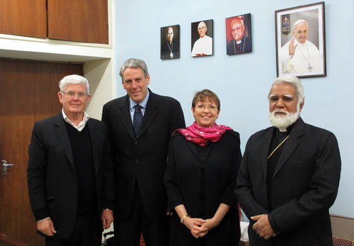 From left, Columban Fr Robert McCulloch, Procurator-General of the Missionary Society of St Columban, Cabrini Health’s David Nowell and Catholic Health Australia (CHA) chair Rowena McNally with Archbishop Joseph Coutts of Karachi, President of the Pakistan Catholic Bishops’ Conference in Pakistan during their visit. 