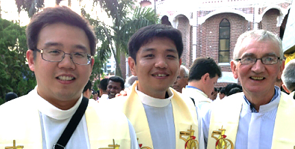 Three members of the new Columban Mission team based in Yangon, Myanmar, Columban Fr Neil Magill (right) with Frs Carlo Jung and Jehoon Lee.