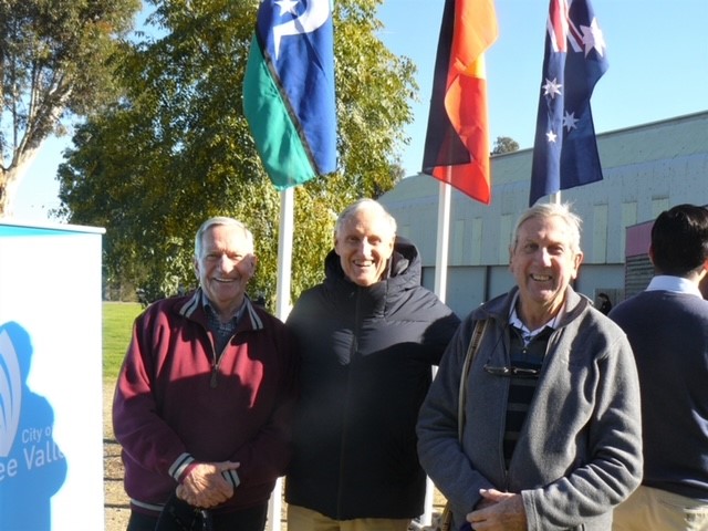 Columban Frs Ray Scanlon (left), John Hegerty and Colin McLean (right) attend NAIDOC Event on July 6 - Photo: Sr Caroline Vaitkunas