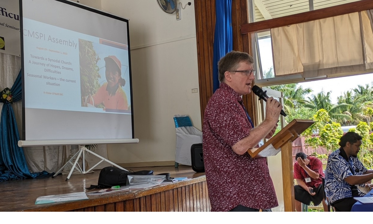 Fr. Peter gave a presentation on the Australian Government’s Pacific Australia Labour Mobility (PALM) Scheme. - Photo: Sr. Colleen Jackson RSC