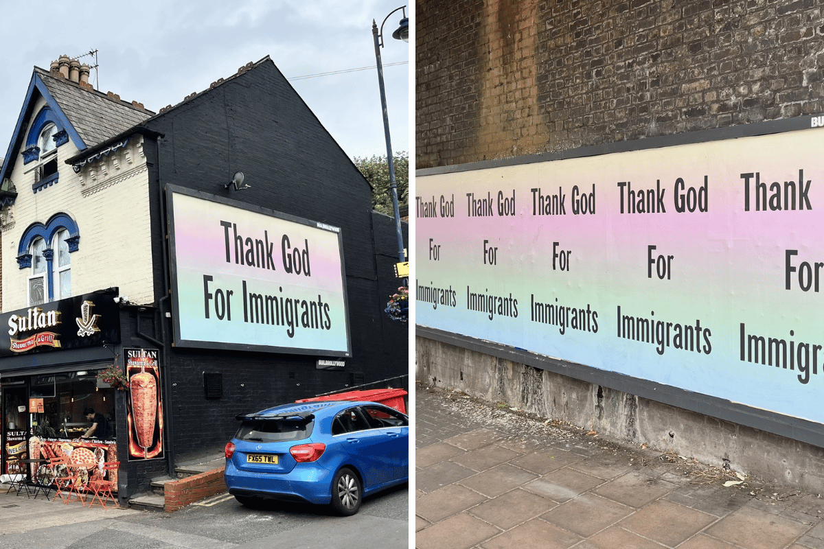 Thank God for Immigrants posters appeared in several parts of Birmingham. Photo: x.com/KingsHeathUnity