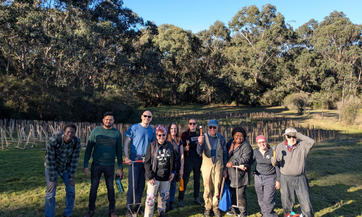 Columban Lay Missionary Sai ( 3rd from right) with new friends from TreeProject after hours of planting native trees in the Yarra Valley (PC: Columban Mission)