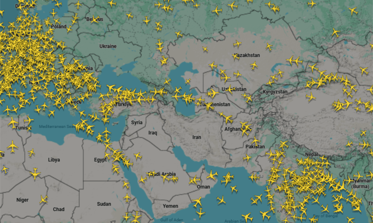 The map shows the ‘no flight zone’ over the Middle East and the planes diverted around it.
