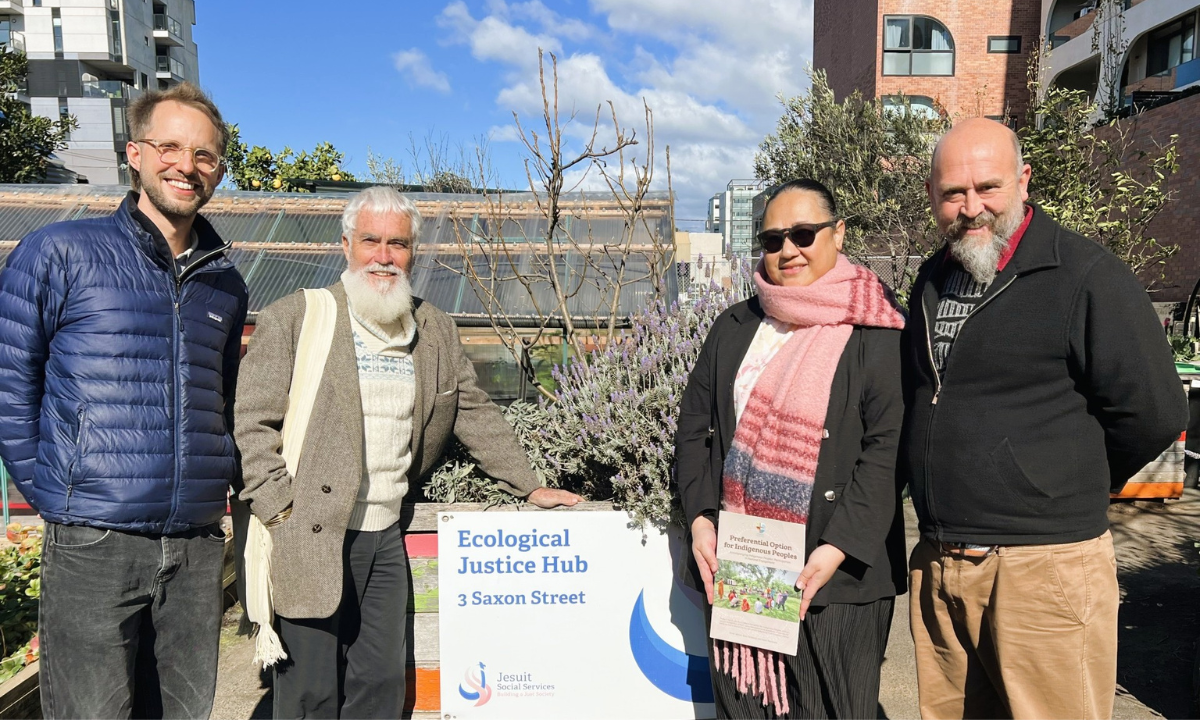 (L-R) Michael Fendel, Fr. Pedro Walpole SJ (PhD), Mariana Waqa, and Ben Walta in the Eco-Justice Hub community garden in Brunswick (PC: Columban Mission) (PC: Columban Mission)