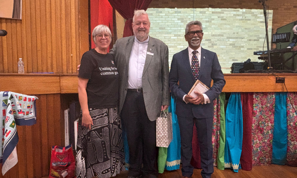 Columban Fr Patrick McInerney with Rev Dr Helen Richmond and Rev Dr Manas Ghosh, both Uniting Church ministers.  Photo: Patrick McInerney