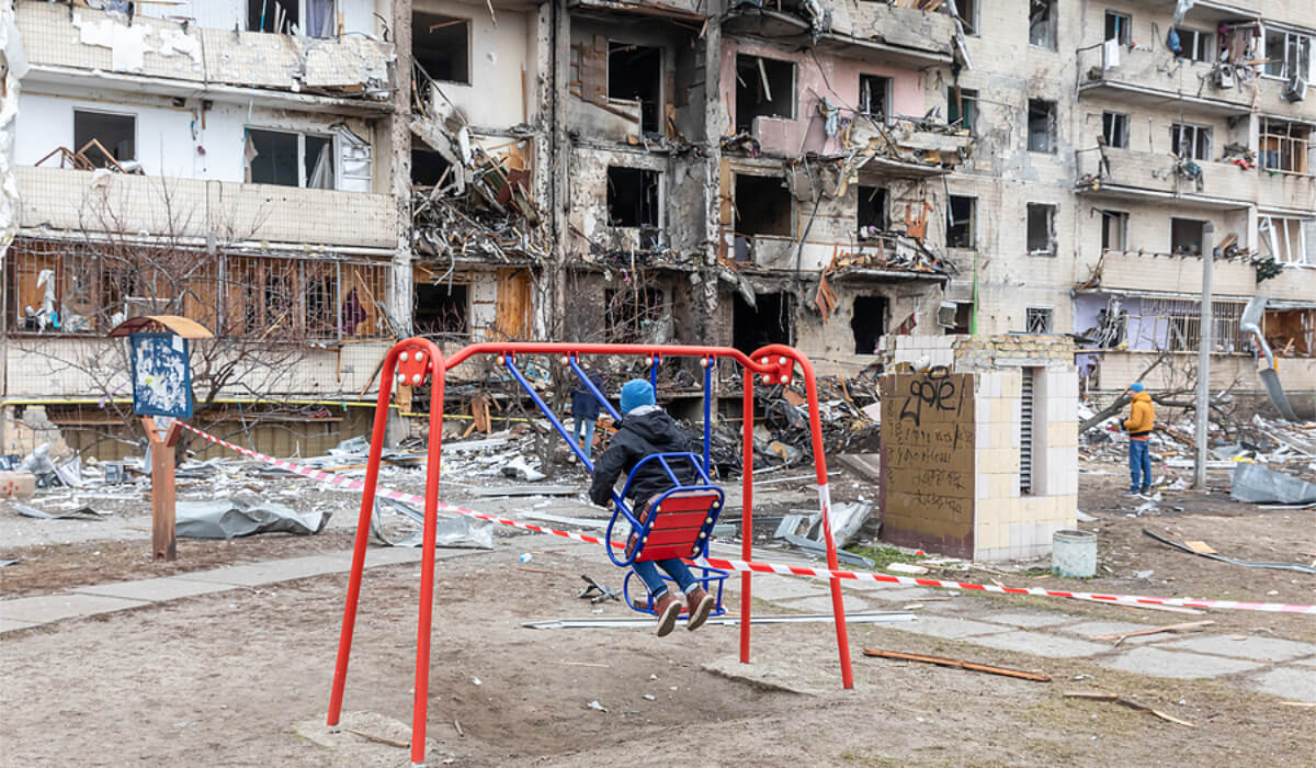 View of a civilian building damaged following a Russian rocket attack the city of Kyiv, Ukraine. Photo: bigstockphoto.com/palinchak