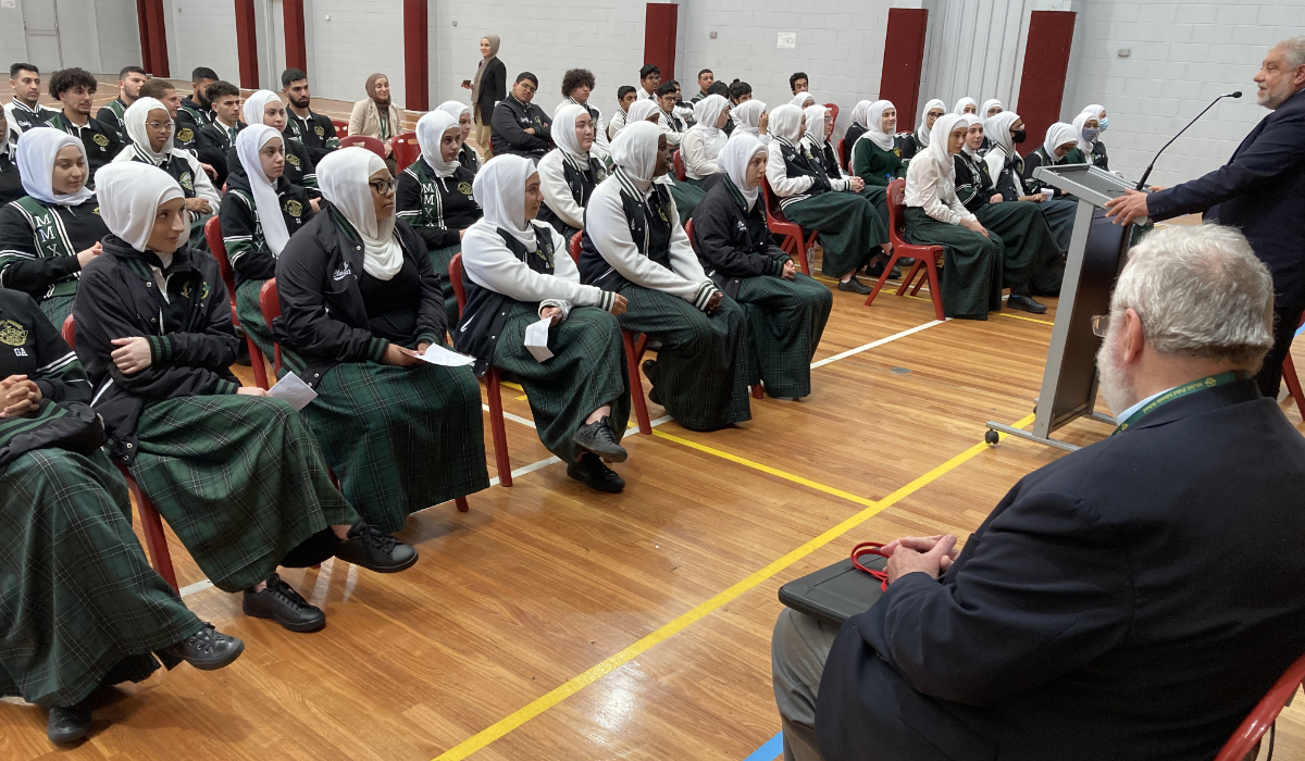 Fr Patrick and Rabbi Zalman Kastel presentation Malek Fahd Islamic School. Photo: CCCMR 
