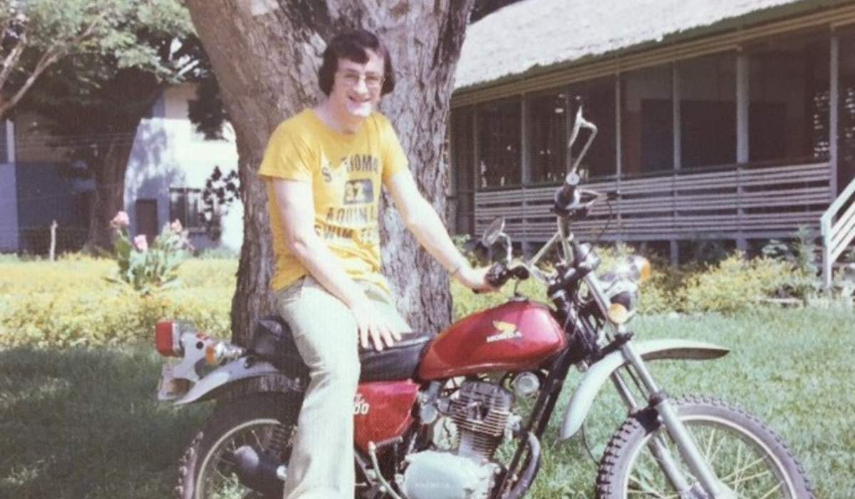 In Language School:  Fr Pat O’Shea In Language school with his Honda 100 in 1975