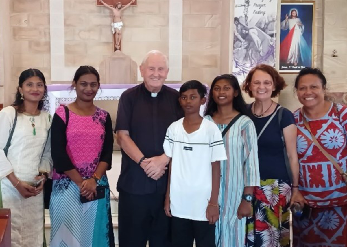 Pilgrims visiting with Columban Fr Donal McIlraith at the Sarcred Heart Catholic Church in Suva, Fiji.