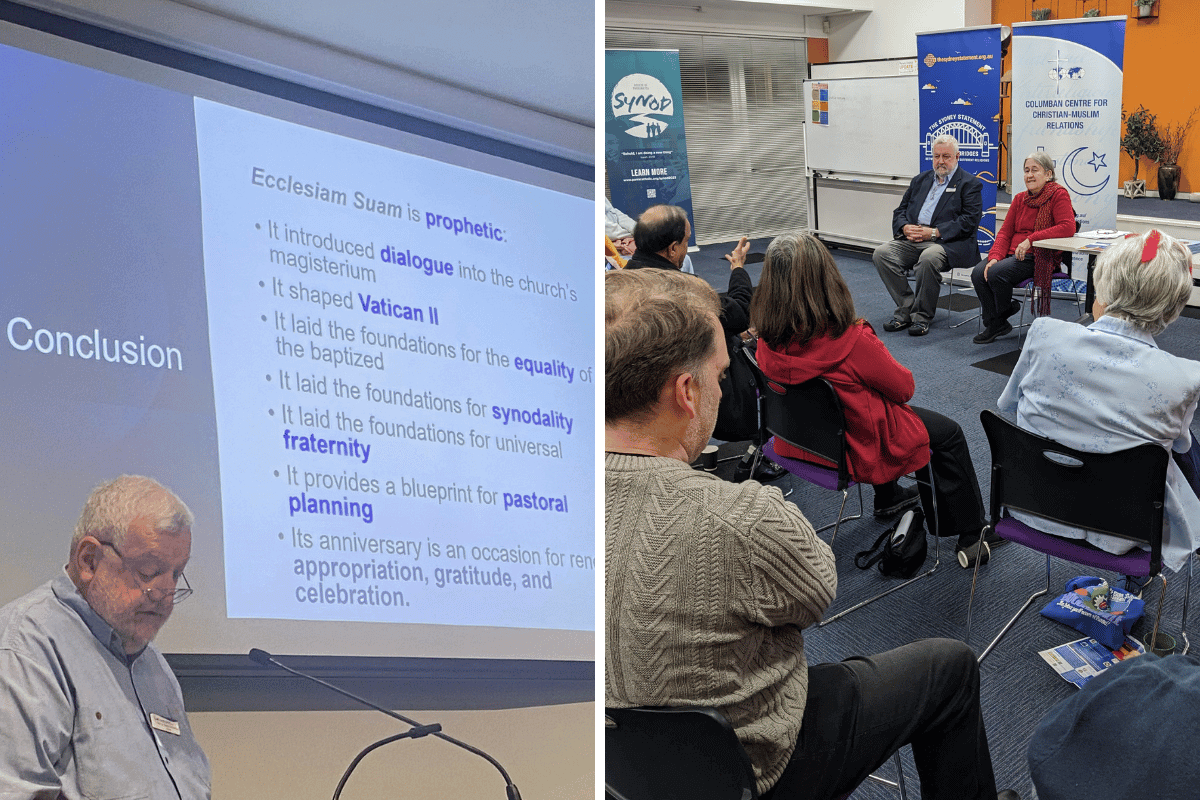 Photos: Left - Columban Rev Dr Patrick McInerney, delivers talk on Ecclesiam Suam at the Bishop Bede Heather Centre, Sydney. Right - Columban Rev Dr Patrick McInerney and Dr Trish Madigan in a Q&A session during their talks on Ecclesiam Suam.