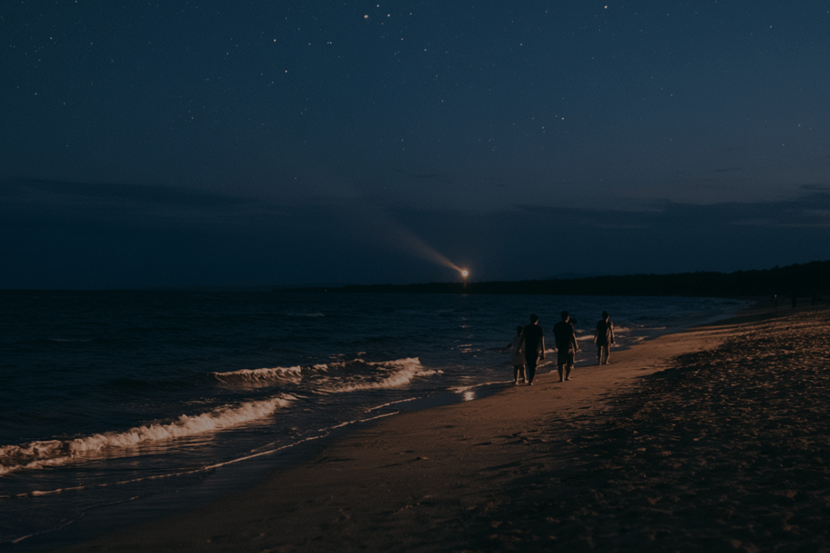 A group of people walking in the dark