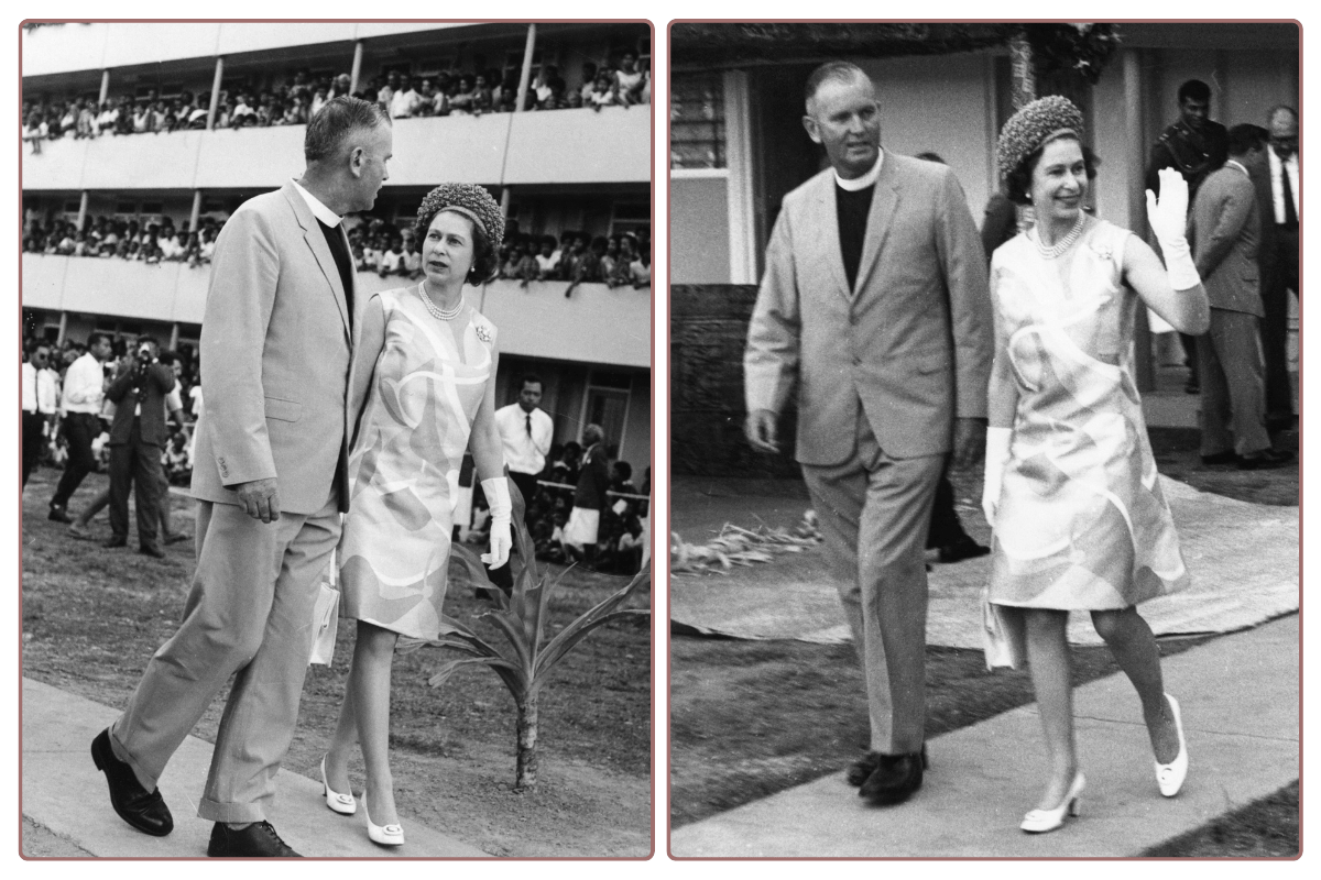 Fr. Dermot Hurley with the late Queen Elizabeth II visiting the HA Raiwaqa Estate (PC: Columban Archives)