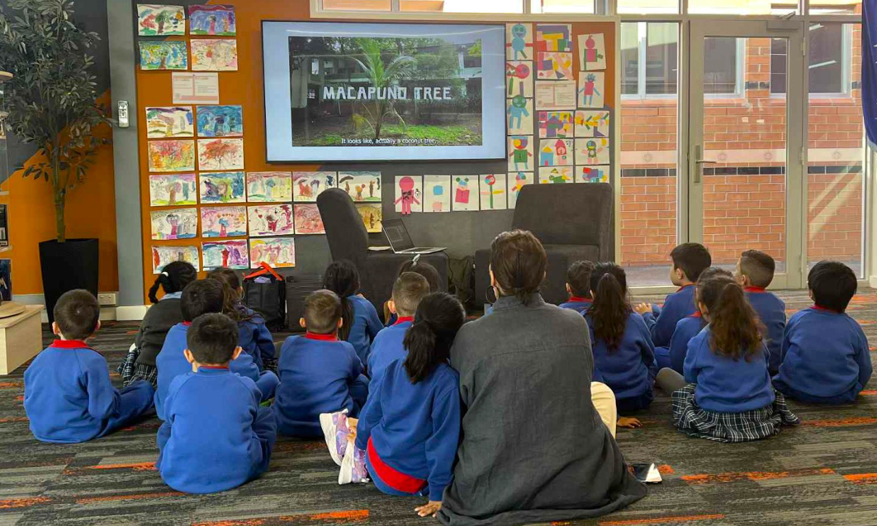 Students watch a video about the biodiversity of trees in the Philippines by Columban Lay Missionary Arlene Villahermosa