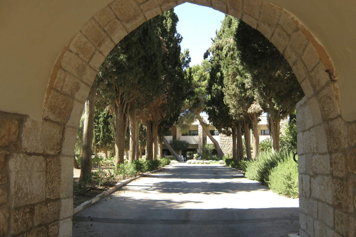 View through the front arch of Tantur Ecumenical Institute, Jerusalem. Photo: Fr Colin McLean