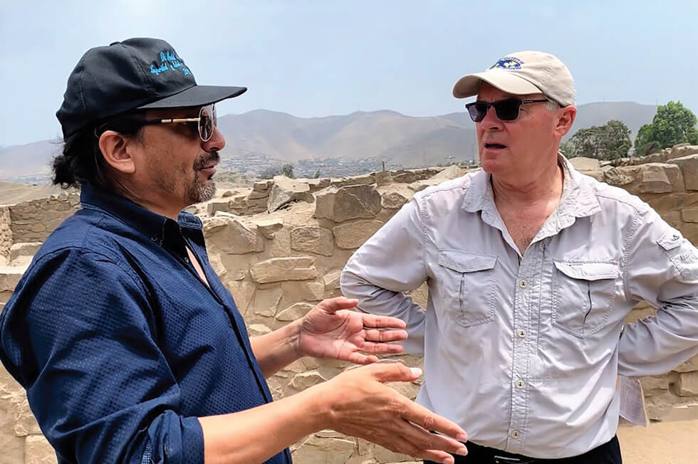 Columban Fr John Boles (right) speaking with the chief archaeologist, Santiago Morales of the Temple site. Photo: Fr John Boles SSC