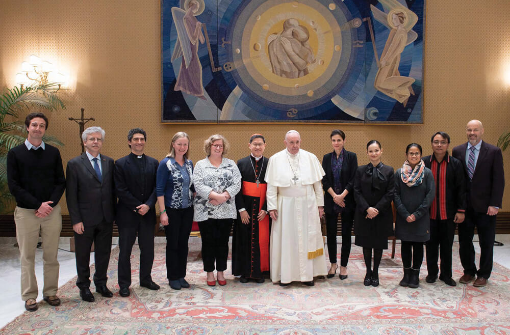 Pope Francis and Cardinal Tagle of Philippines meet with the GCCM Board and staff at the Vatican on the occasion of the GCCM's 5th Anniversary. (Amy Echeverria is standing next to Cardinal Tagle). Photos: Global Catholic Climate Movement