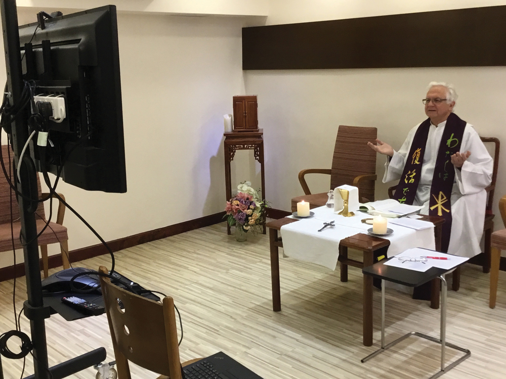 Fr Brian Vale celebrating the Fifth Sunday of Lent by teleconference. Photo: Fr Brian Vale SSC