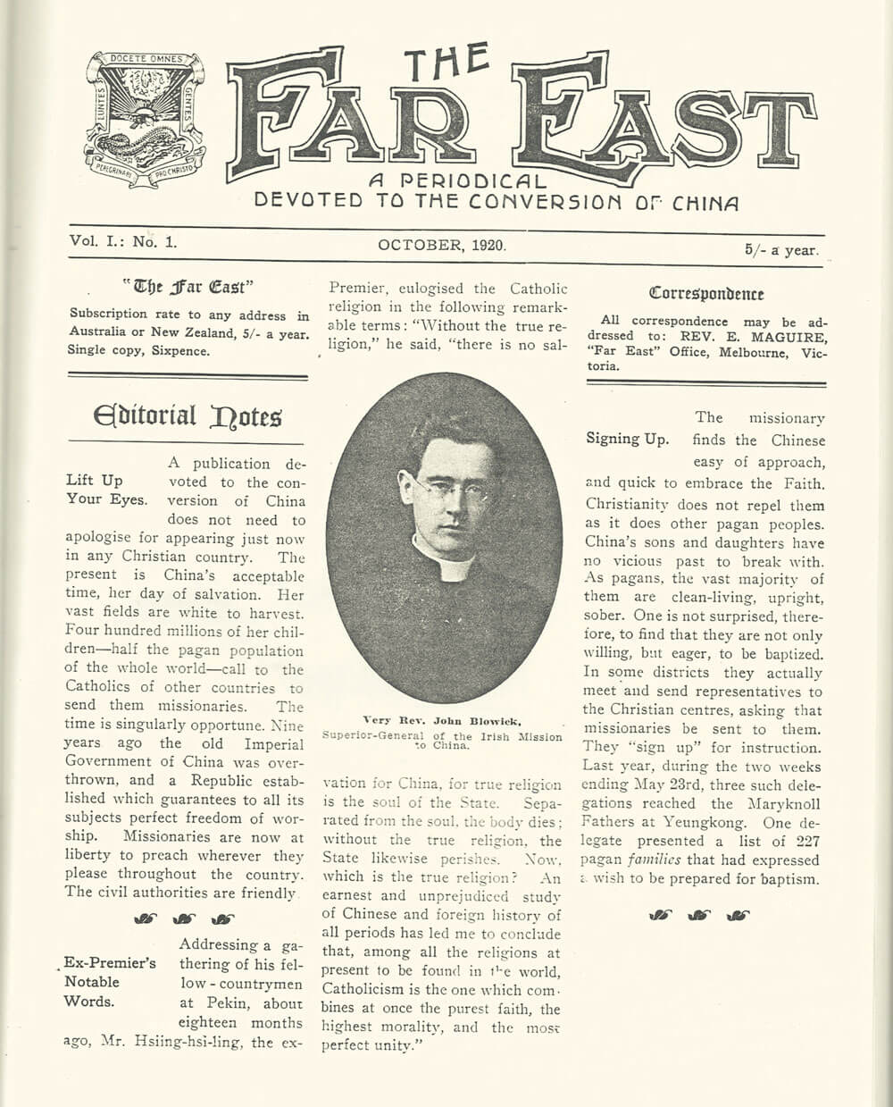 The Far East magazine in October of 1920. Photos: Missionary Society of St Columban