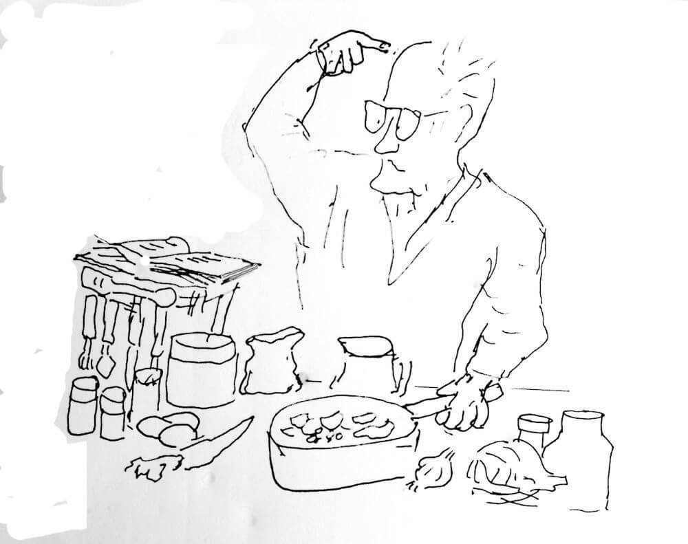 Sketch of Fr Alo Connaughton cooking a meal from his mother's cookbook. Sketch: Fr Alo Connaughton SSC 