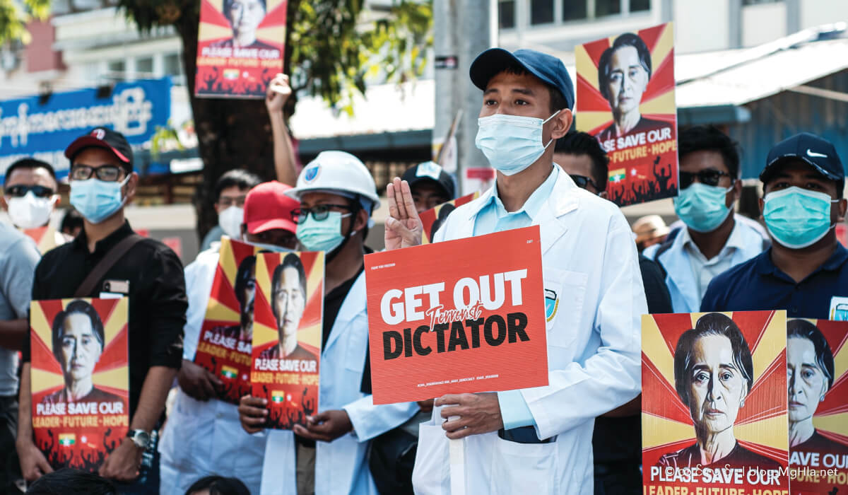 Demonstrations against the military junta have continued for one year.  Photo: MgHla (aka) Htin Linn Aye, Protest in Myanmar against Military Coup 14-Feb-2021 14, CC BY-SA 4.0