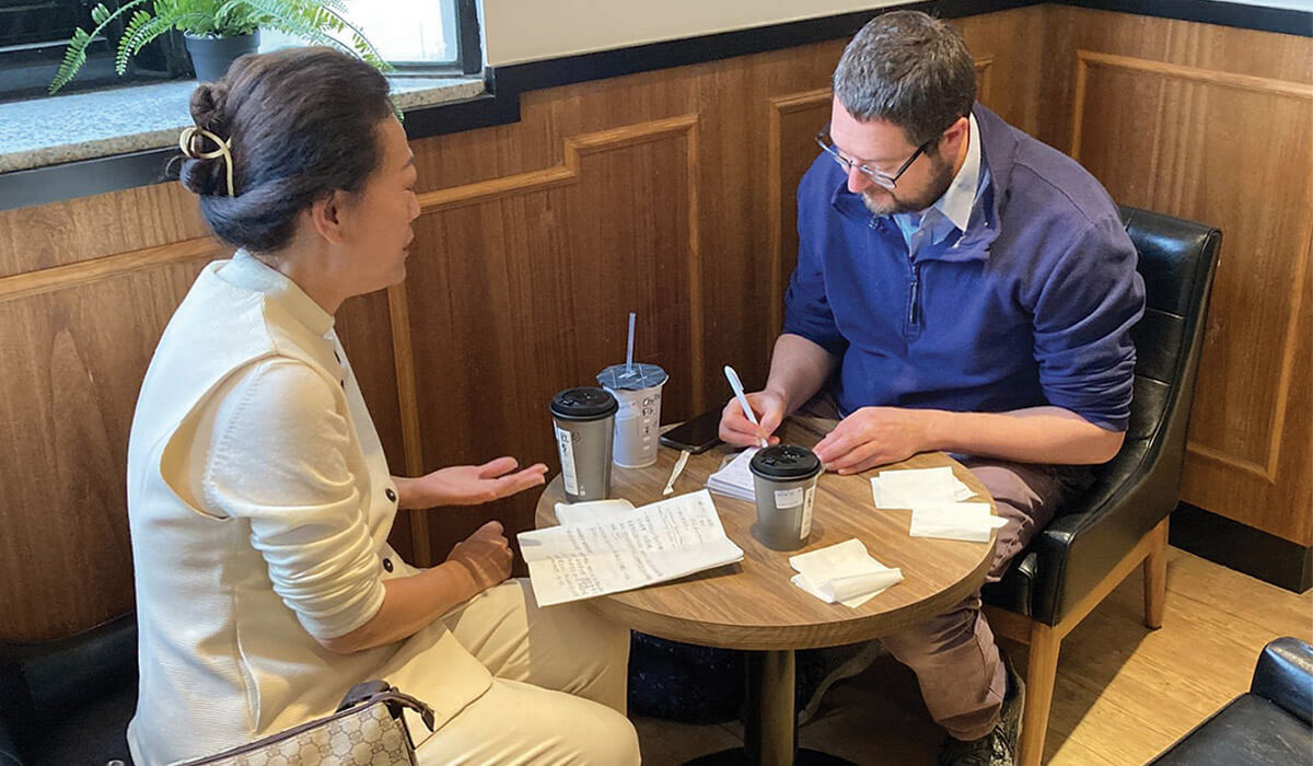 James and Teacher Ou meet in a coffee shop in the city of Hsinchu. Photo: James Trewby
