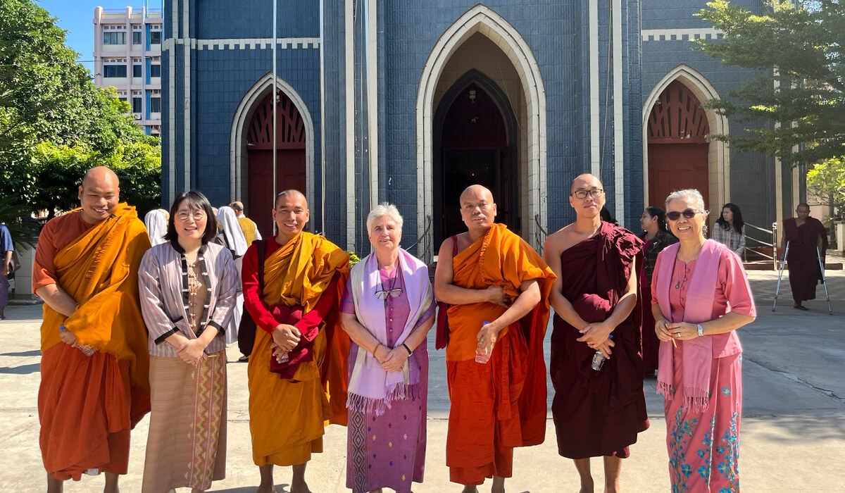 Columban Srs Theresa Kim (left - right), Kathleen Geaney and Cris de Leon with the Mandalay Interfaith group. Photo: Sr Enda Im SSC