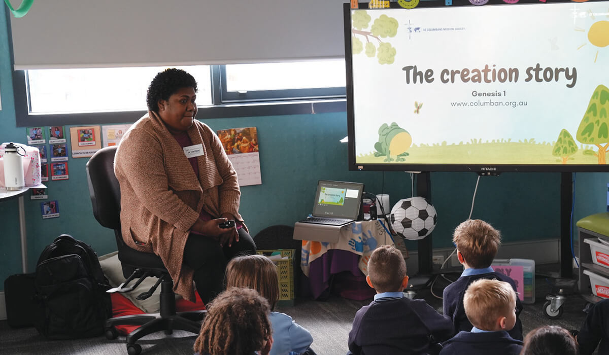 Columban lay missionary Sai Tamatawale and Columban co-worker Jacqui Russell at St Mark's Primary School. - Photos: St Columbans Mission Society