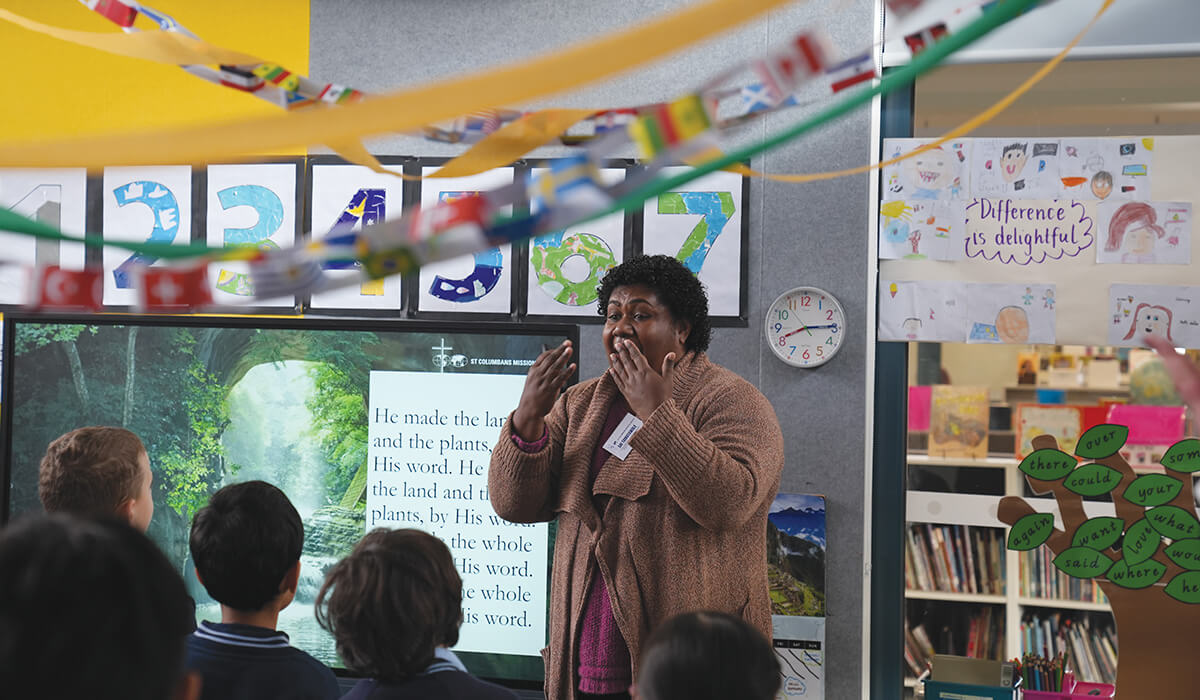 Columban lay missionary Sai Tamatawale and Columban co-worker Jacqui Russell at St Mark's Primary School. - Photos: St Columbans Mission Society