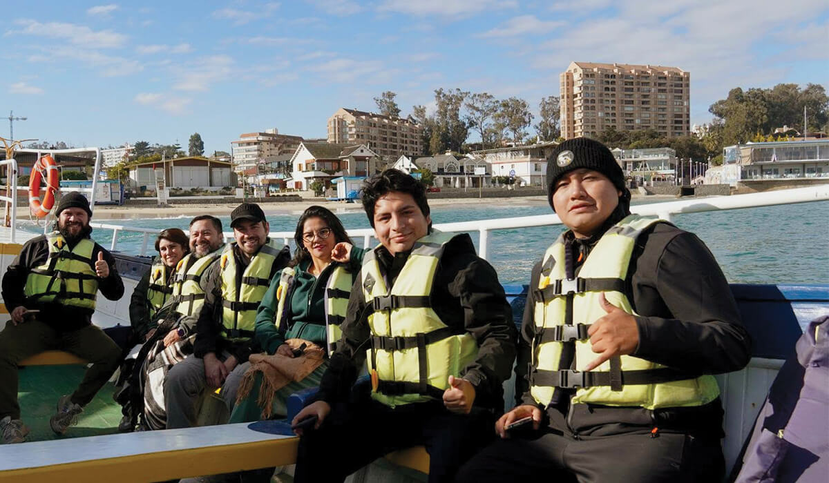 Aboard the ship to visit the penguins, the sea lions and the marine otters. Photo: Fr Dan Harding